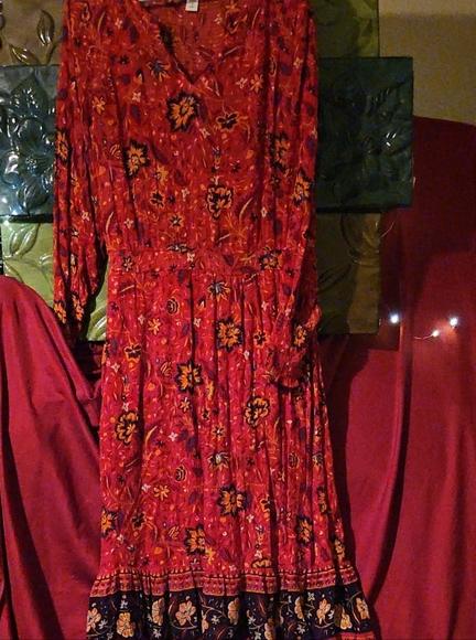 EUC Old Navy Bohemian Red Floral Long Sleeve Dress With Elastic Waist & Sleeves - Picture 1 of 5